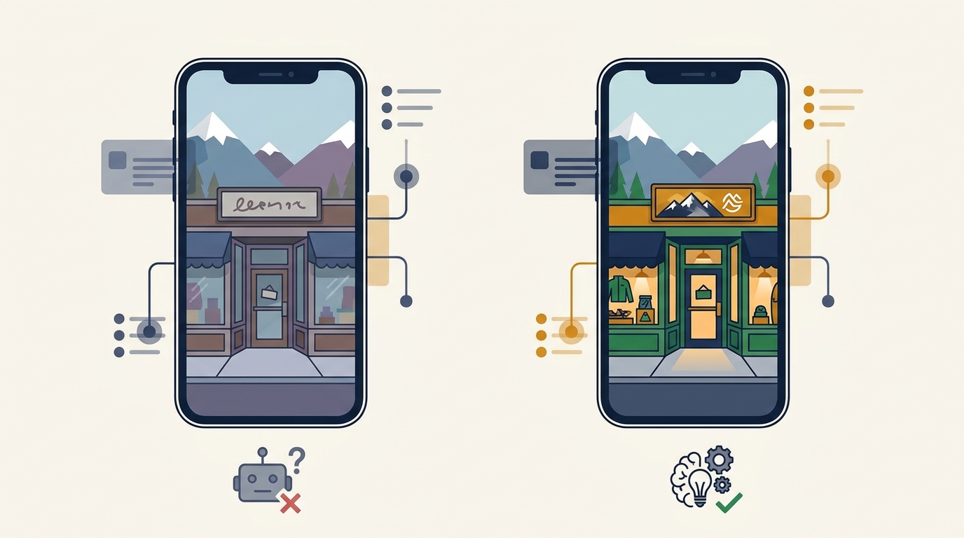 Two phone screens side by side showing the same Appalachian small business storefront, one labeled "Generic AI image" with mismatched colors and a different sign, the other labeled "Personal Intelligence" with the actual brand colors and signage matching the storefront