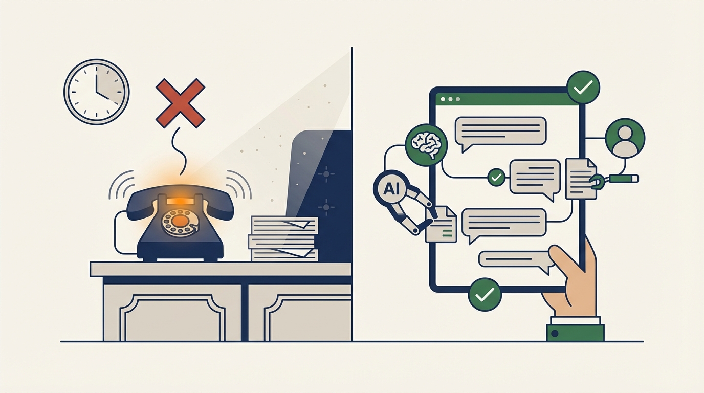 AI-powered client intake conversation compared to a traditional unanswered law firm phone
