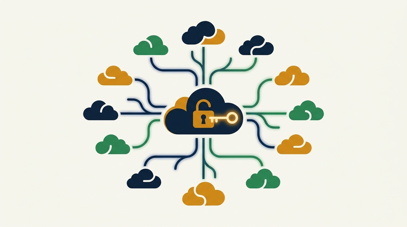 Abstract illustration of a single AI model branching out across multiple cloud providers, representing cloud choice and infrastructure flexibility for small businesses