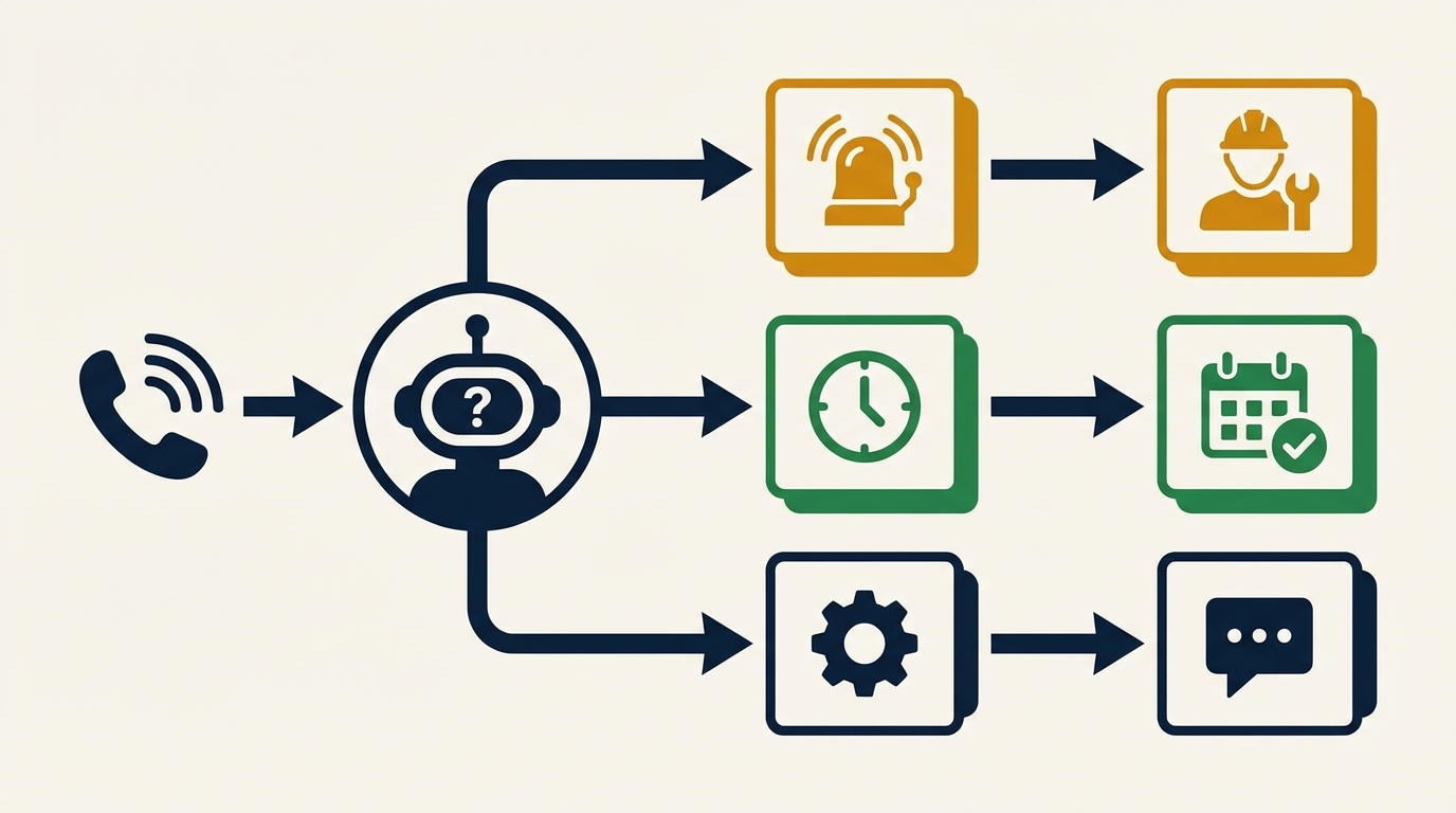 AI triage flowchart showing how plumbing calls are categorized by priority and routed to the right response