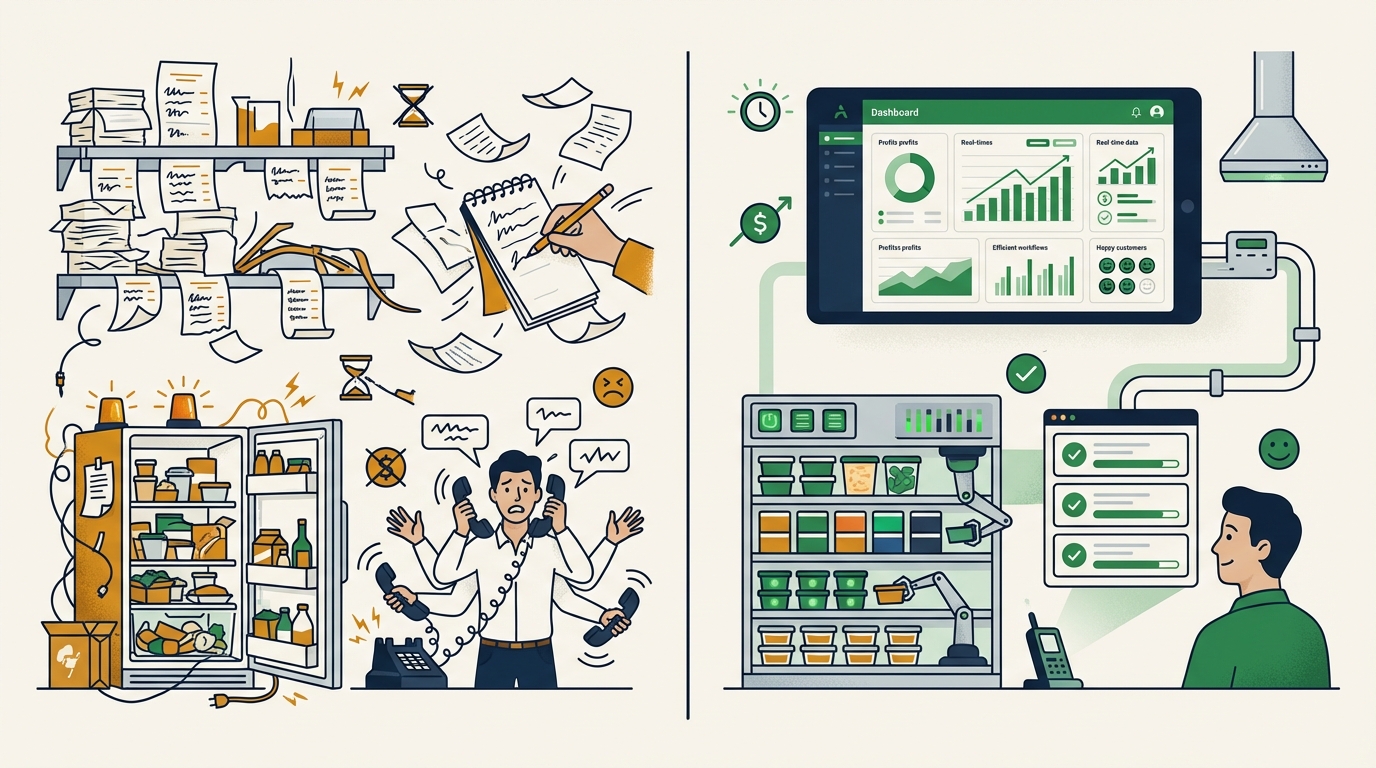 Comparison of manual restaurant operations versus AI-automated workflows